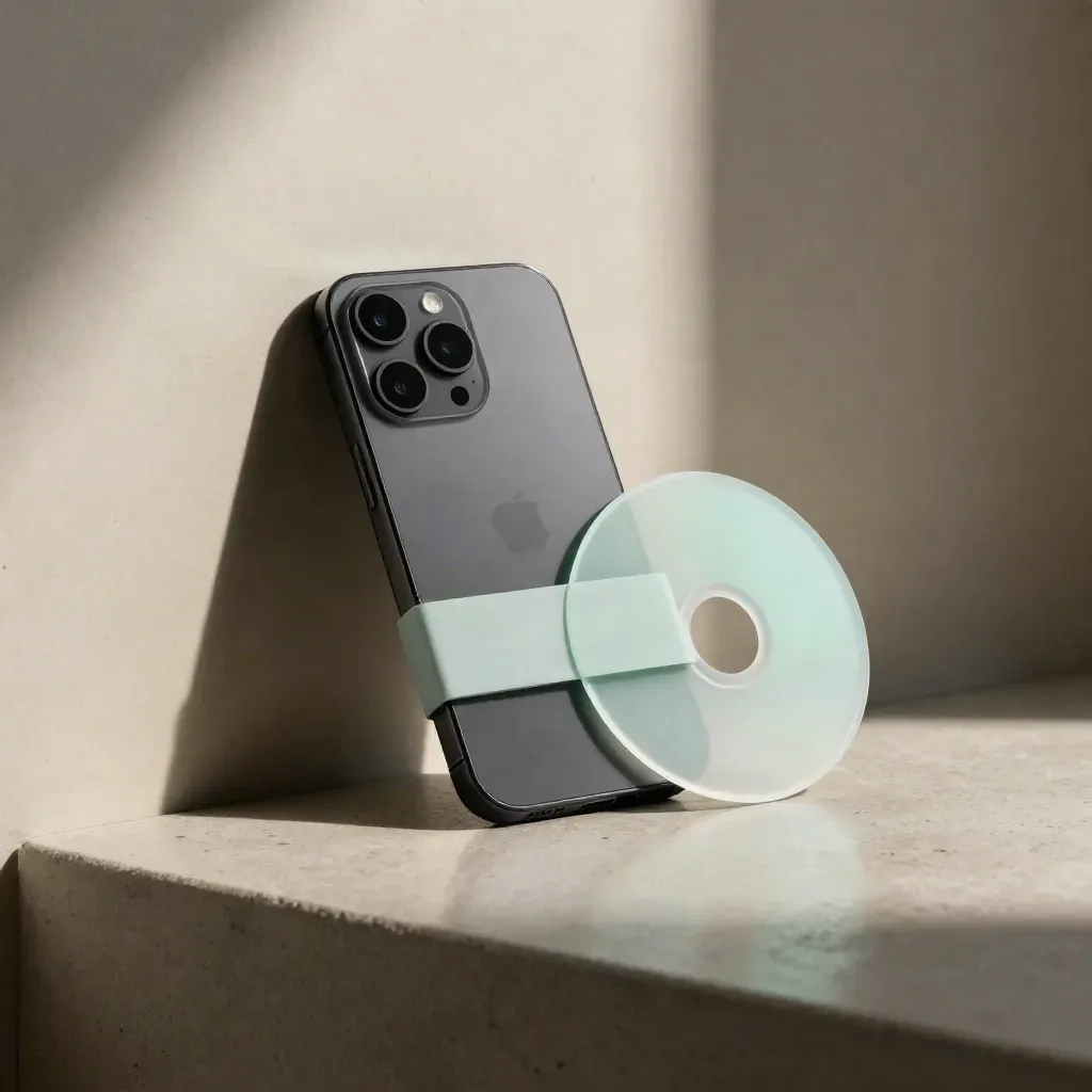 Dark SMS bundle with phone, template block and reminder disc sliding across warm concrete in moody haze.