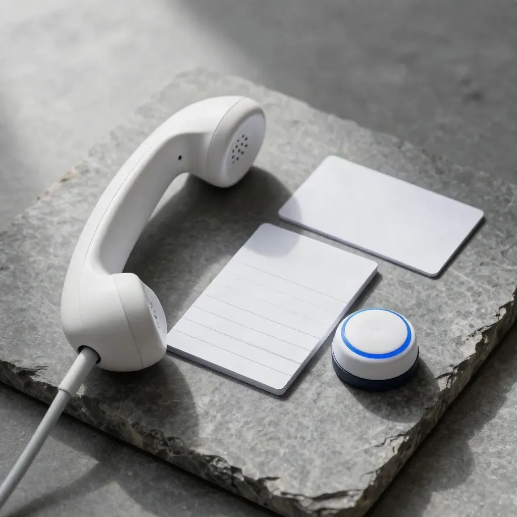 Overhead clinic reminder pack with handset cradle, reminder tabs, and puck on cool stone.