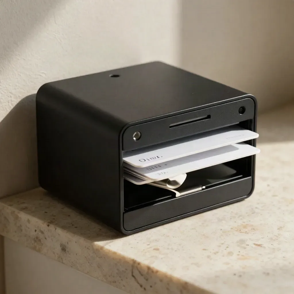 Matte black shared inbox hub with layered reply tiles on pale travertine.
