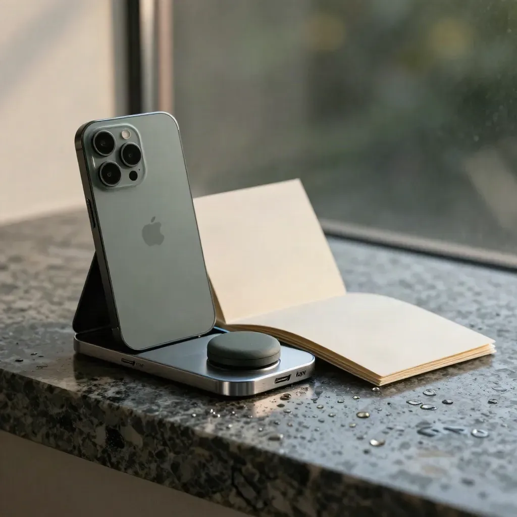 Graphite texting kit with phone, tray, reminder puck and blank sleeve on rain-dark stone.