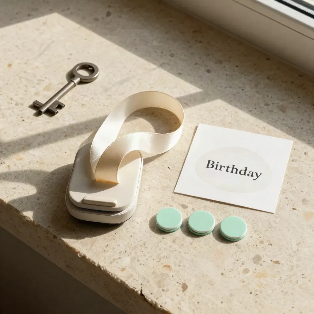 Overhead flatlay of a phone dock, ribbon loop, and three mint message chips on travertine.