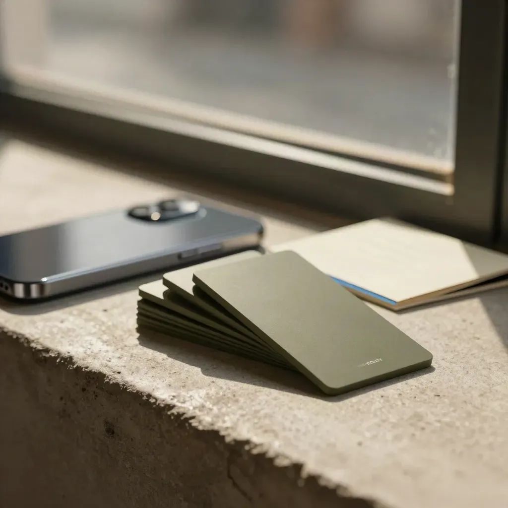 Bulk promo credit blocks, handset, and campaign sleeve on warm concrete in hazy light.