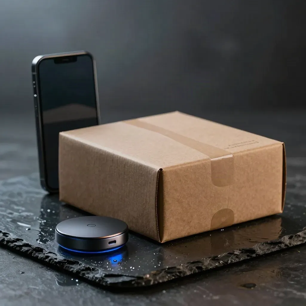Dark abandoned-cart texting kit with parcel box, phone, and glowing puck on wet slate.