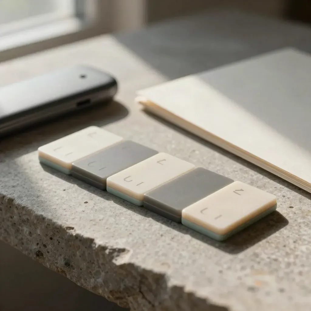 Five mint-edged answer tiles beside a dark phone on raw stone, close side view.