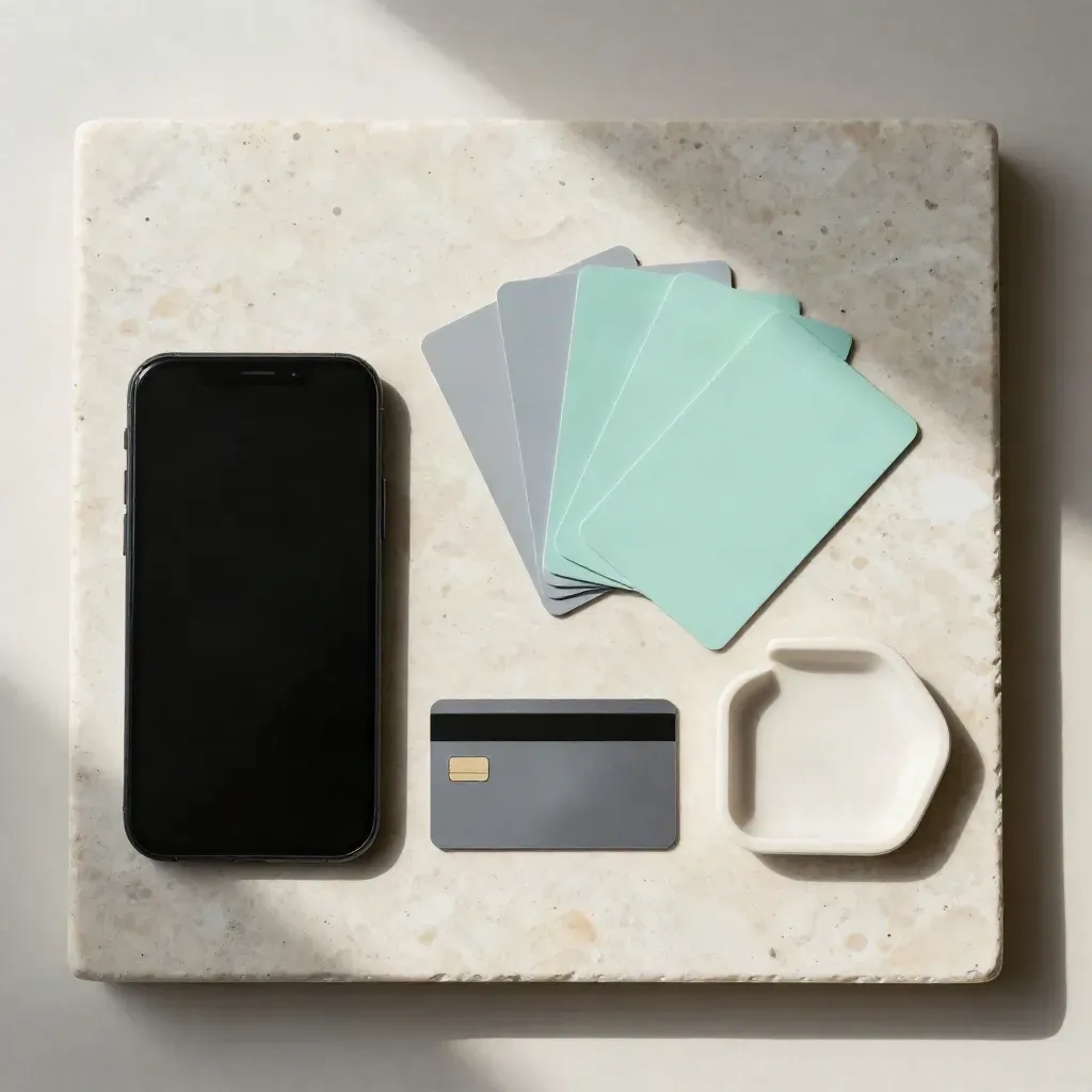 Top-down starter SMS bundle with phone, credit tiles and tray on pale plaster.