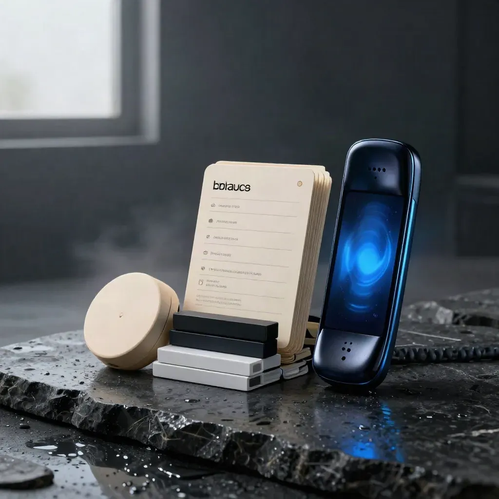 Dark SMS growth pack pieces on wet stone with electric-blue rim light and a handset
