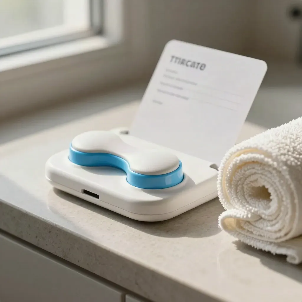 Macro of a white phone cradle, curved puck, and towel roll on cool stone.