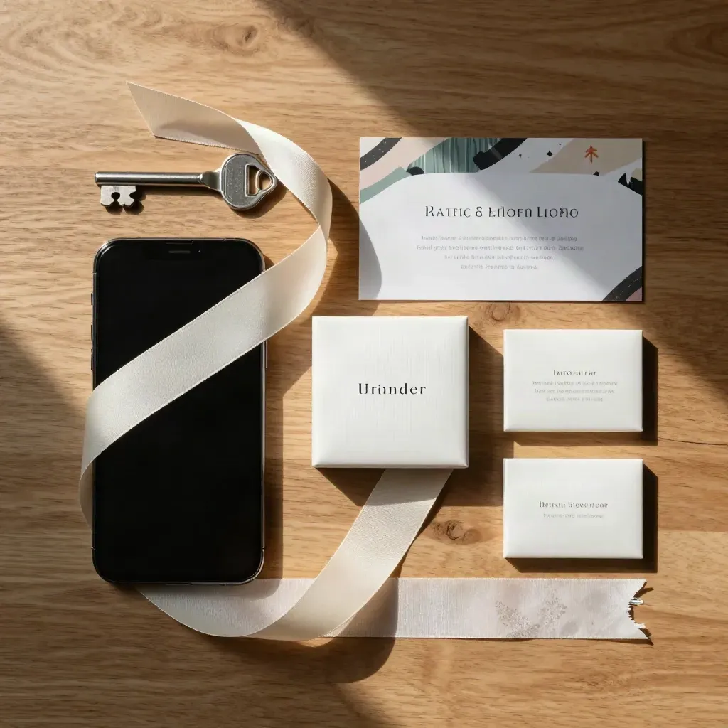 Top-down holiday promo texting pack with phone, wrap paper, and credit blocks on warm wood.