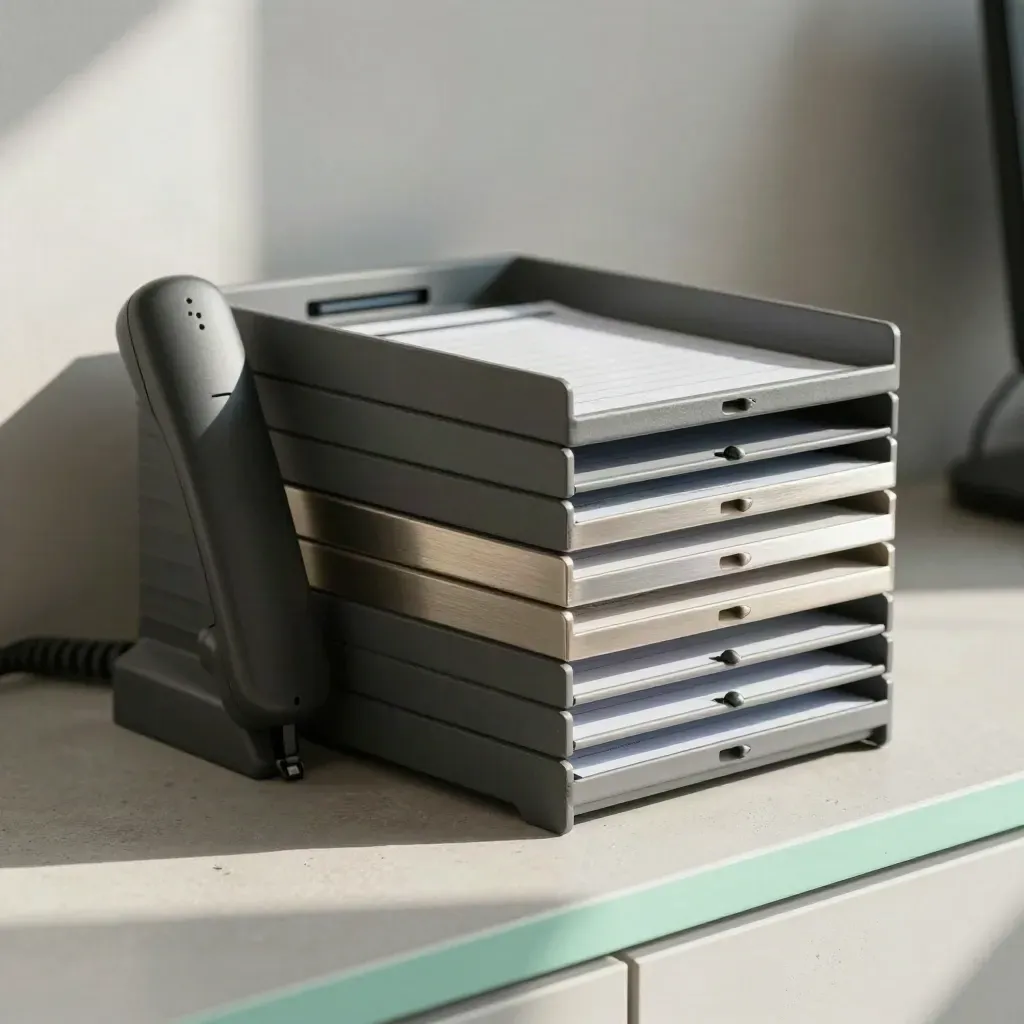 Graphite inbox trays and a dark handset on pale concrete with a mint accent in soft side light.