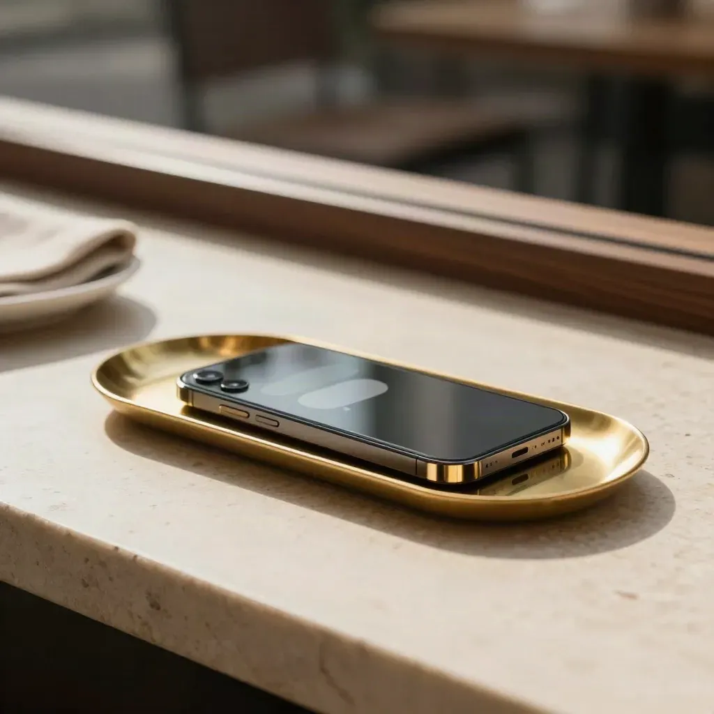 Sunlit travertine slab with phones and brass tray, calm empty space for headline.