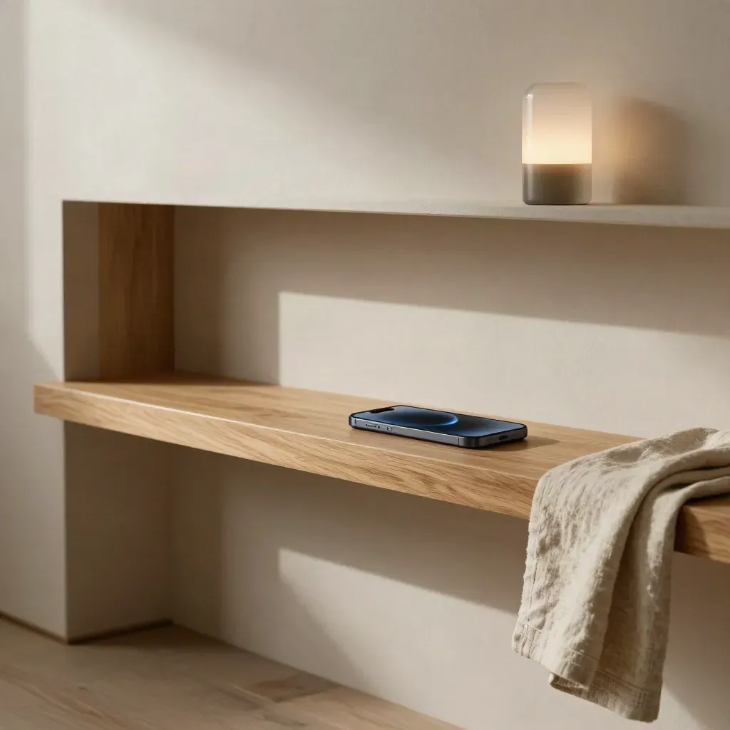 Oak reception nook with a phone, linen chair edge, and glass lamp in soft daylight.