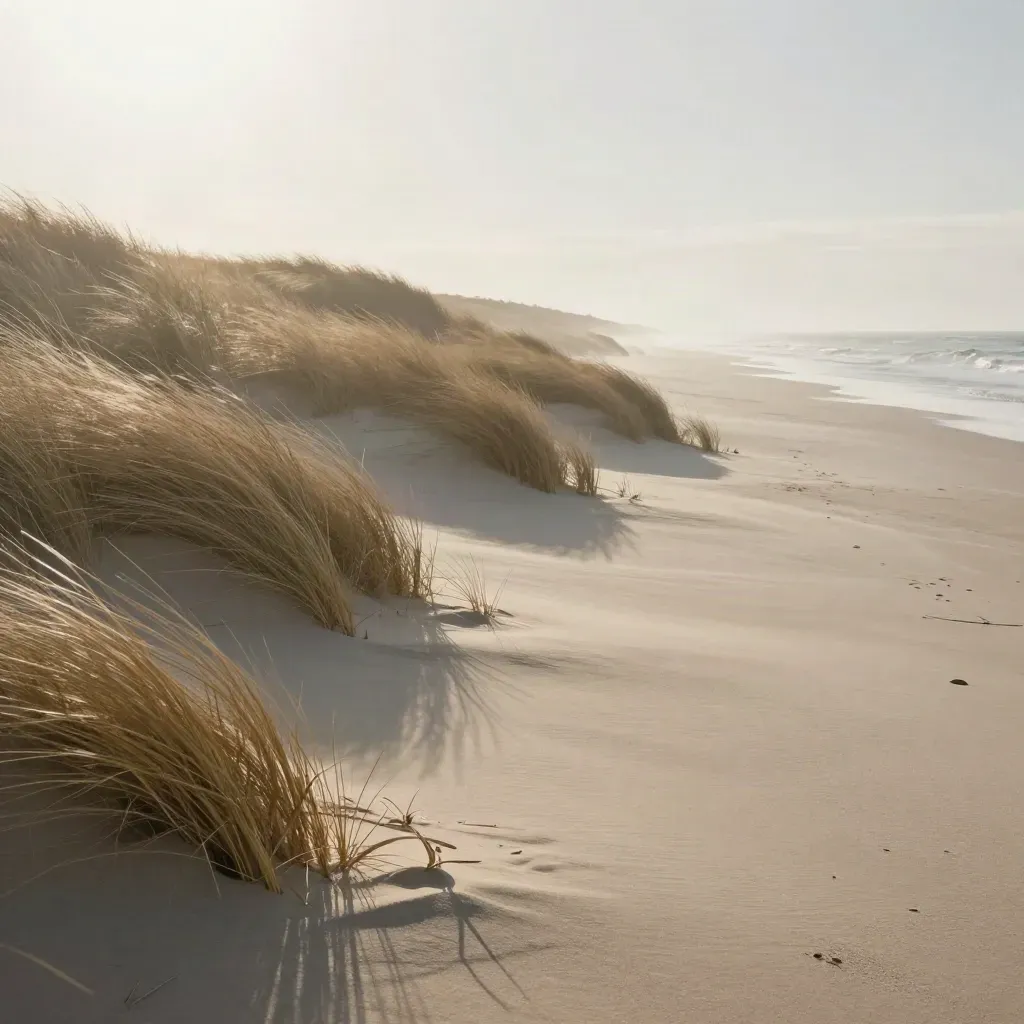 Windy sand slope with dry grasses and a bright shoreline glint under hazy coastal light.