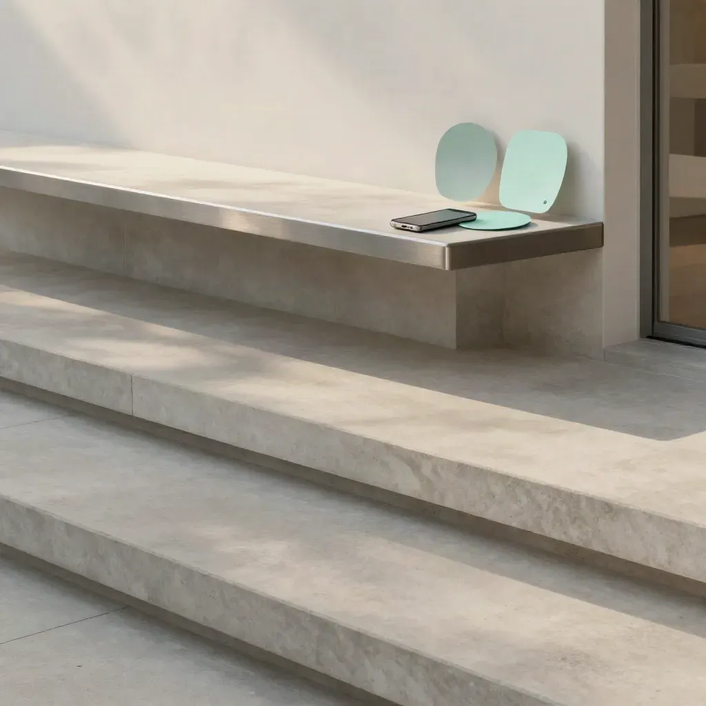 Pale concrete clinic terrace with stepped stone, reflected window line, and soft sunbeam haze.