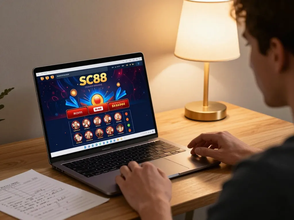 Playing SC88 online casino game with a focused strategy in a cozy home setup.