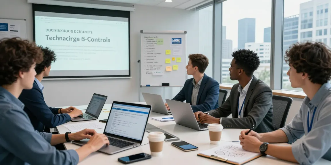 Cyber Essentials UK team collaborating on cybersecurity strategy in modern office setting with laptops and presentation.