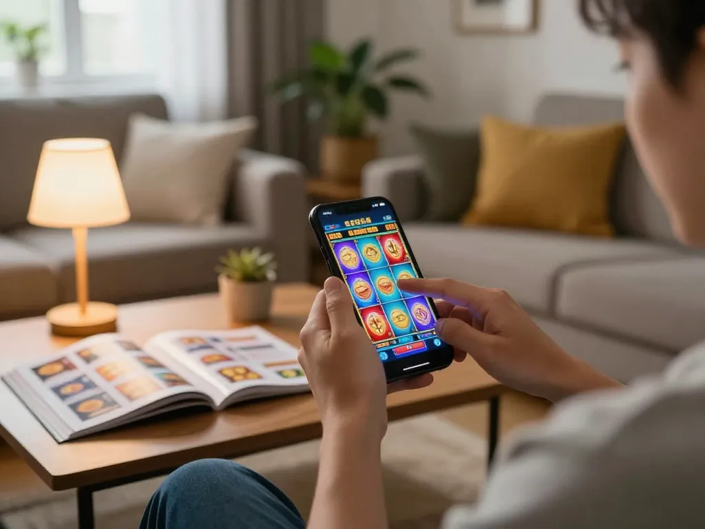 Engaged player using a smartphone to play situs slot games in a warm home setting.