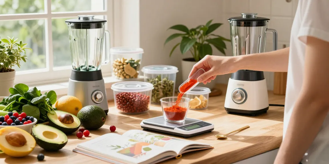 Person measuring vegan astaxanthin powder in a bright kitchen with fresh fruits and a blender.