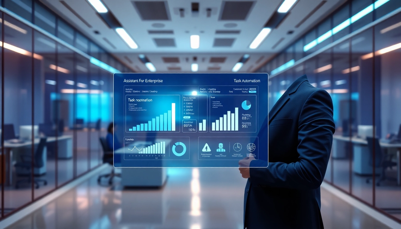 Engaging assistant for enterprise showcasing advanced task automation tools in a modern workspace.