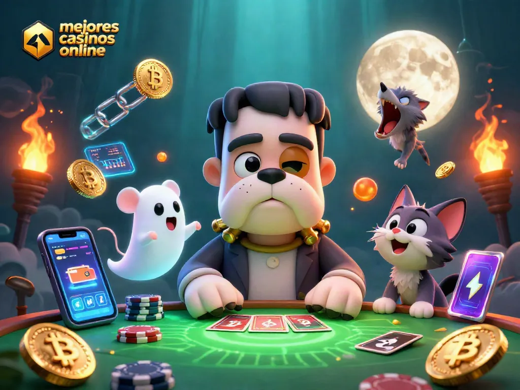 Explora los mejores casinos online con un bulldog Frankenstein y un gato lobo en una mesa de juego animada.