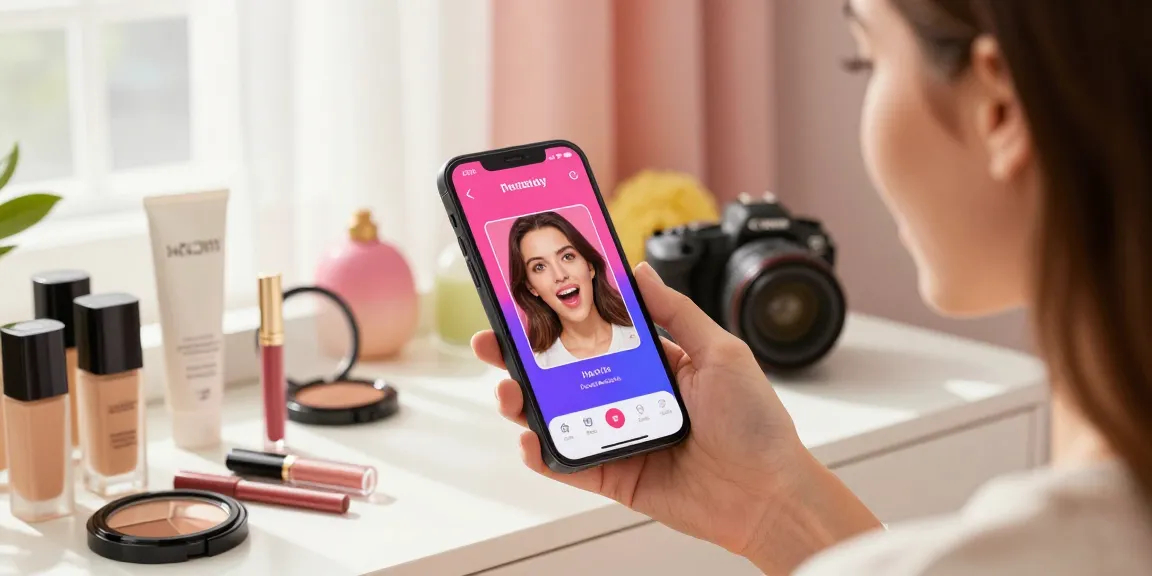 Young woman exploring how old do I look with AI app in stylish bedroom.