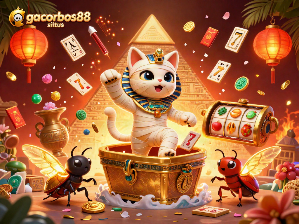 Experience vibrant gameplay with gacorbos88 situs featuring a mummy cat and stunning casino elements.