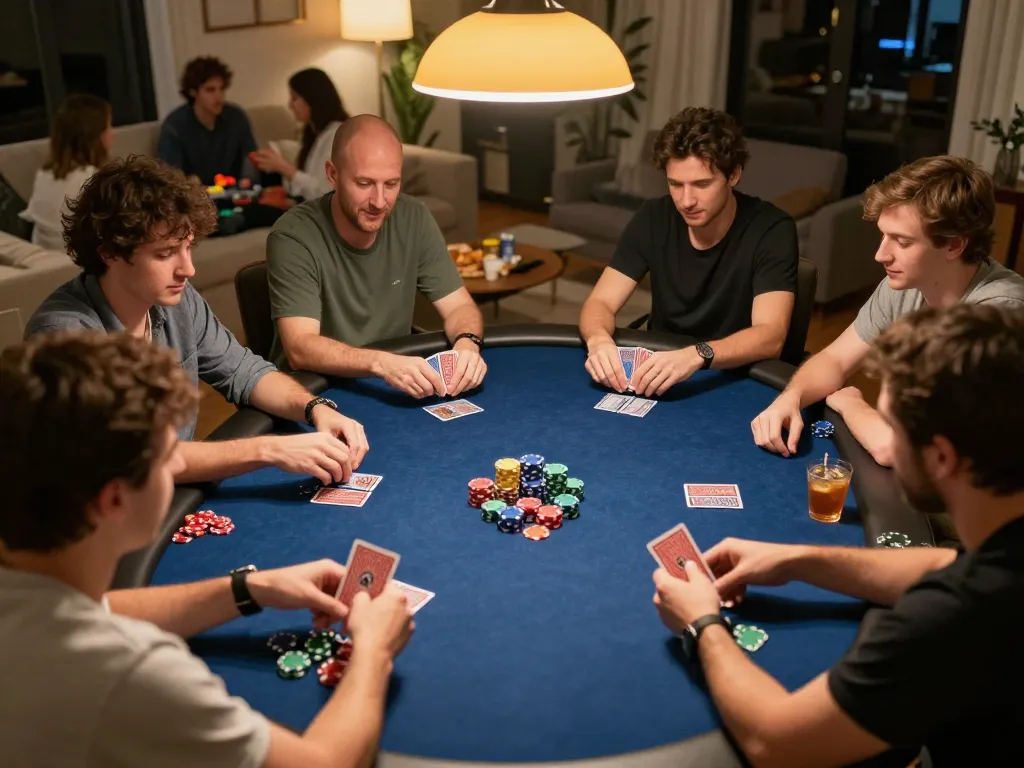 Players enjoying a thrilling poker game at home while engaging in strategic gameplay at 88vv