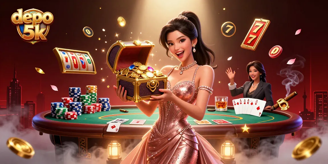 Experience thrilling action at depo 5k with a treasure chest of winnings and dynamic slot and poker elements.