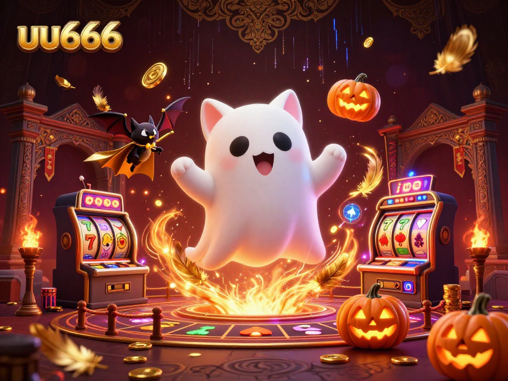 Engage with uu666's vibrant gaming world, featuring a ghost cat and vampire bat in a dynamic casino scene.