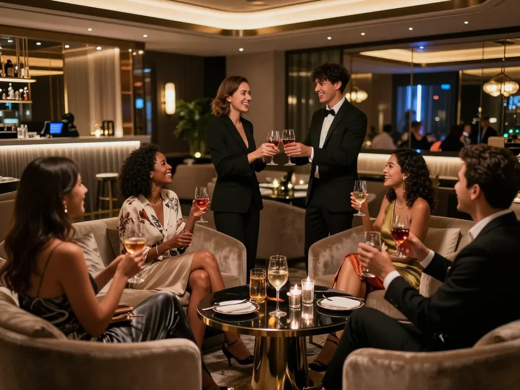 Experience the vibrant atmosphere of 강남쩜오 with elegant interiors and lively interactions.