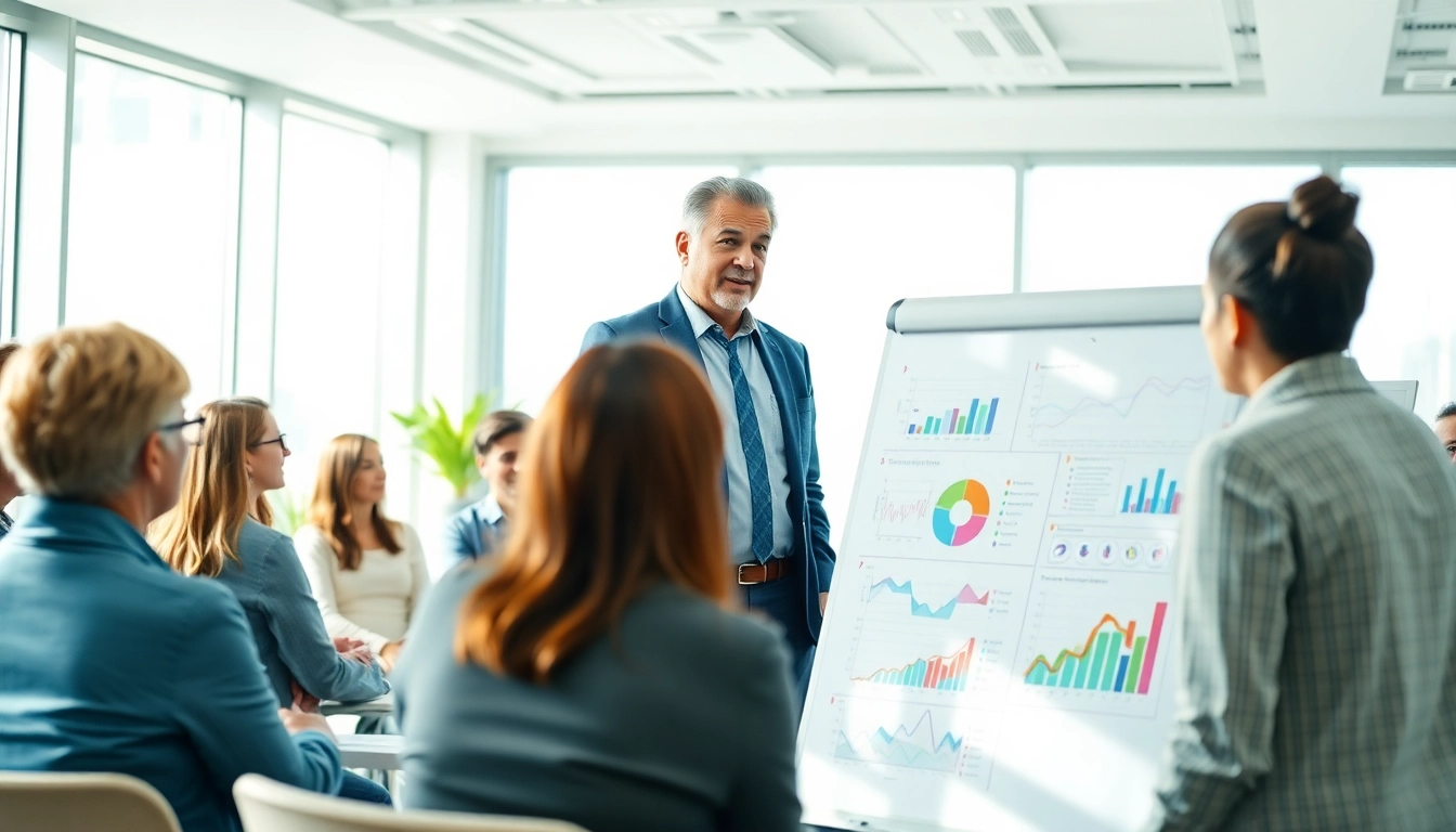 Corporate coach leading an engaging workshop with interactive discussions and vibrant visuals.