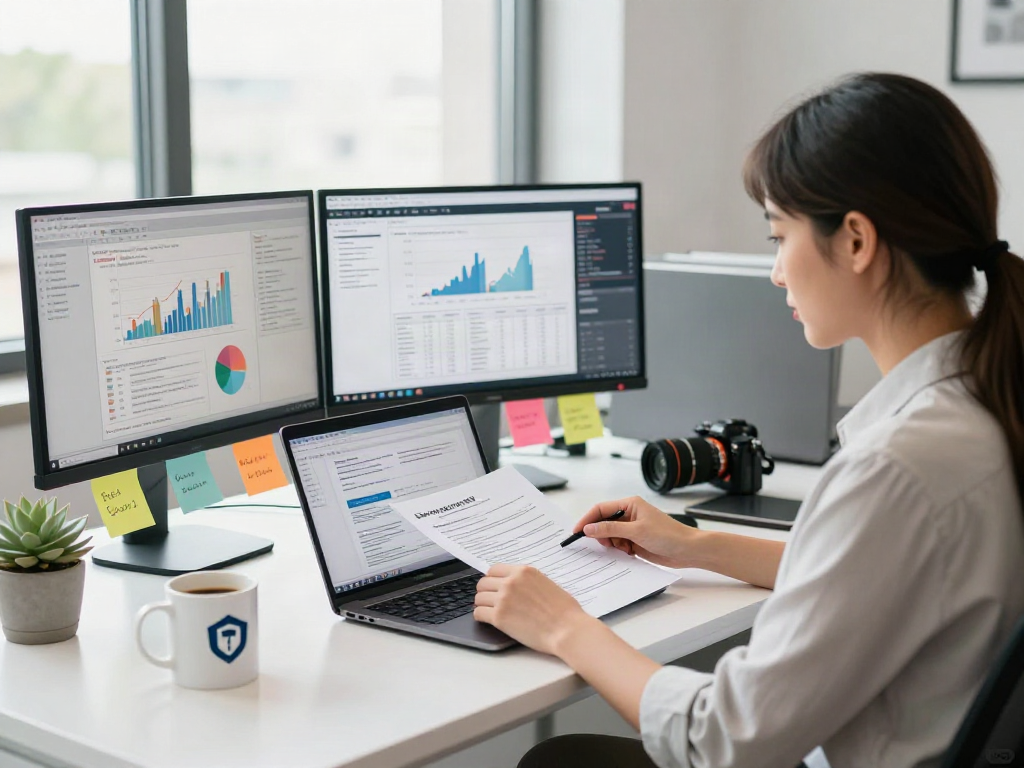 Data analyst using document fraud detection software in a modern office, showcasing analytics and professional tools.