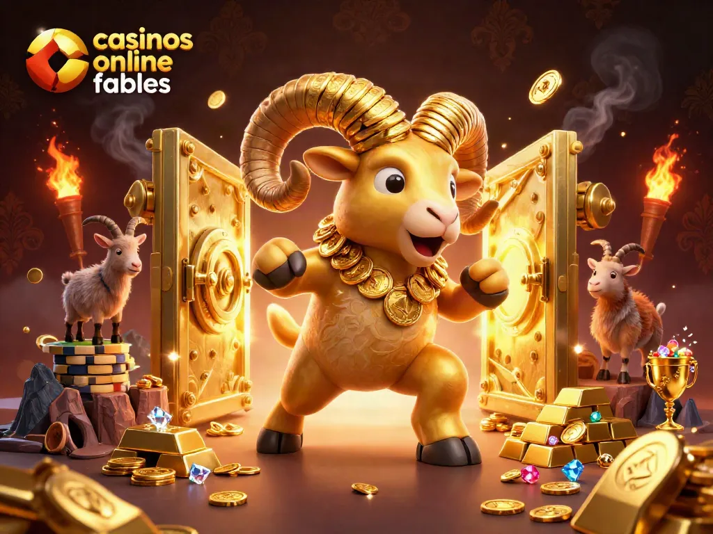 Juega en casinos online fiables con el carnero dorado cargando hacia la victoria y tesoros a su alrededor.