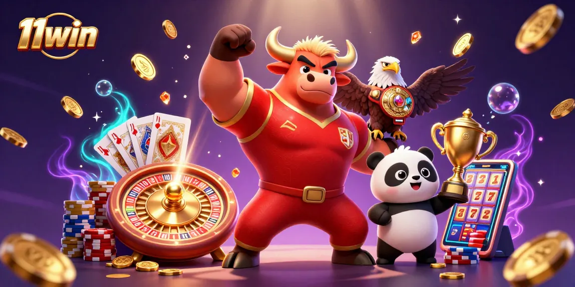 11win brings a vibrant scene with a bull mascot, eagle, and panda celebrating in a casino.