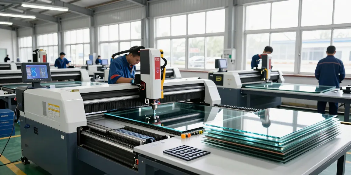 Technicians operating cutting machine glass in modern industrial workshop.
