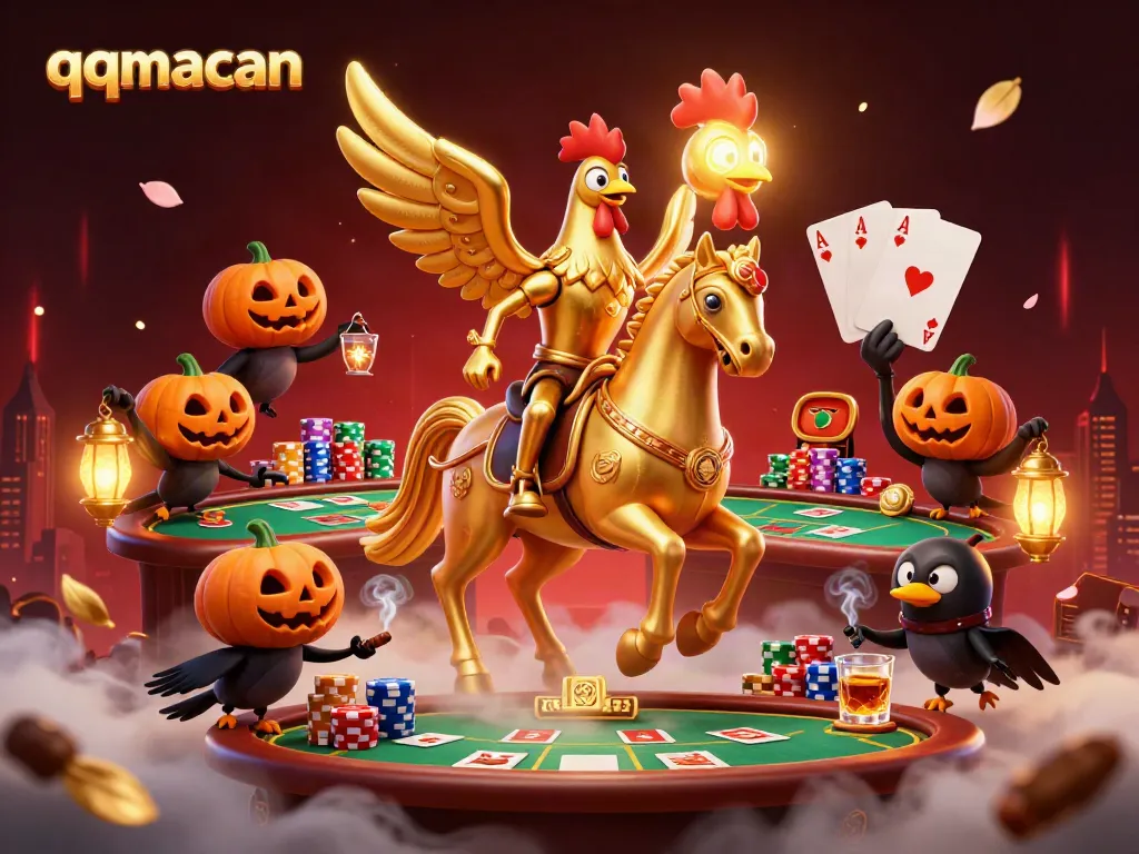Engage with qqmacan's thrilling casino experience featuring golden rooster characters and vibrant casino elements.