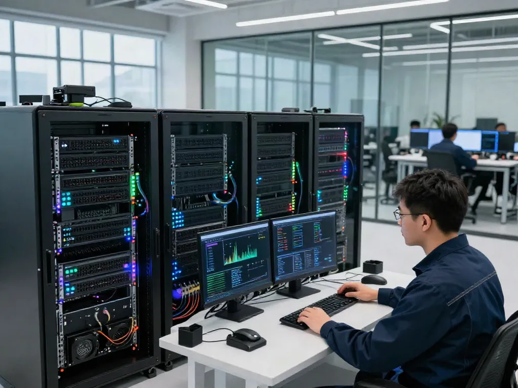 AI infrastructure monitoring in a high-tech data center with technicians ensuring efficient GPU performance.