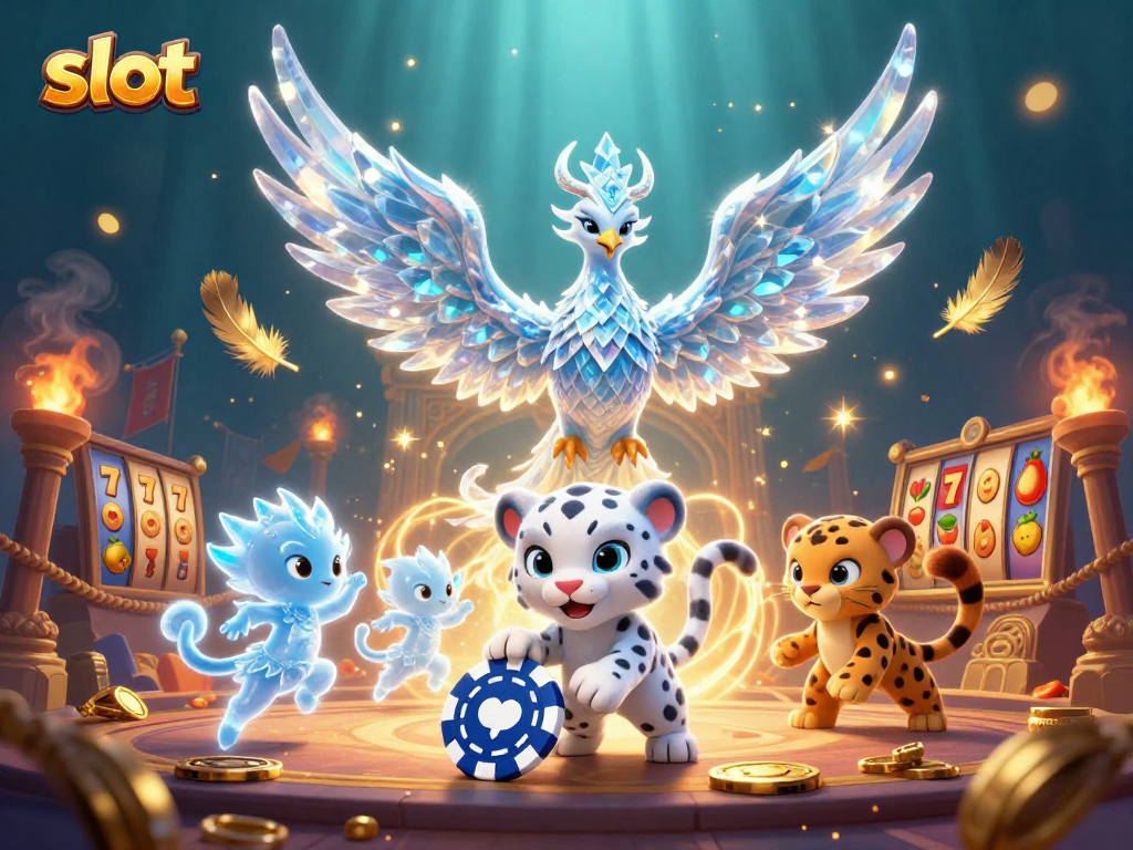 Experience thrilling slot gameplay with a cartoon ice phoenix, alongside captivating icy elements.