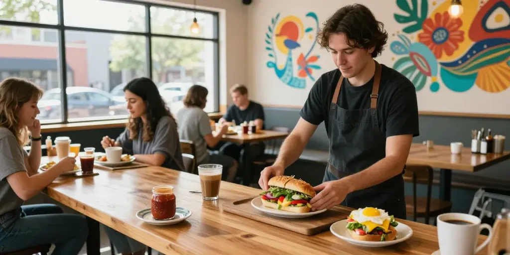 Best breakfast Austin scene featuring vibrant NYC-inspired sandwiches and cozy café atmosphere.
