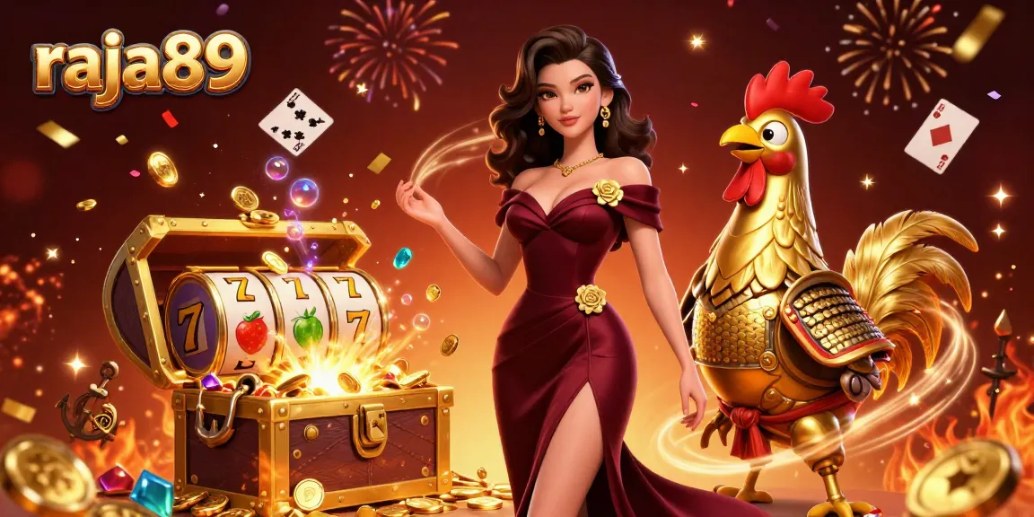 Play and win with raja89 in this vibrant casino-themed 3D fantasy scene filled with excitement.