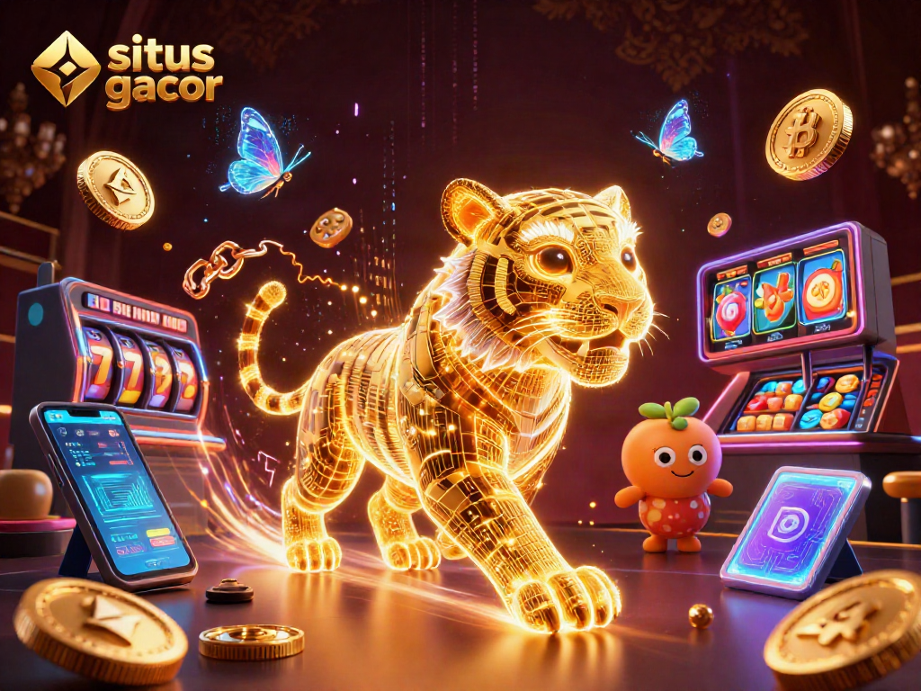 Situs gacor features a vibrant 3D digital casino with a golden tiger and crypto elements.