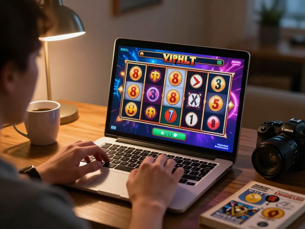 Playing slot bandar99 on a laptop with colorful graphics and excitement visible on screen