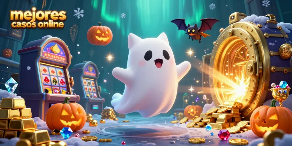 Juega en los mejores casinos online con un gato fantasma y un murciélago en un ambiente animado.