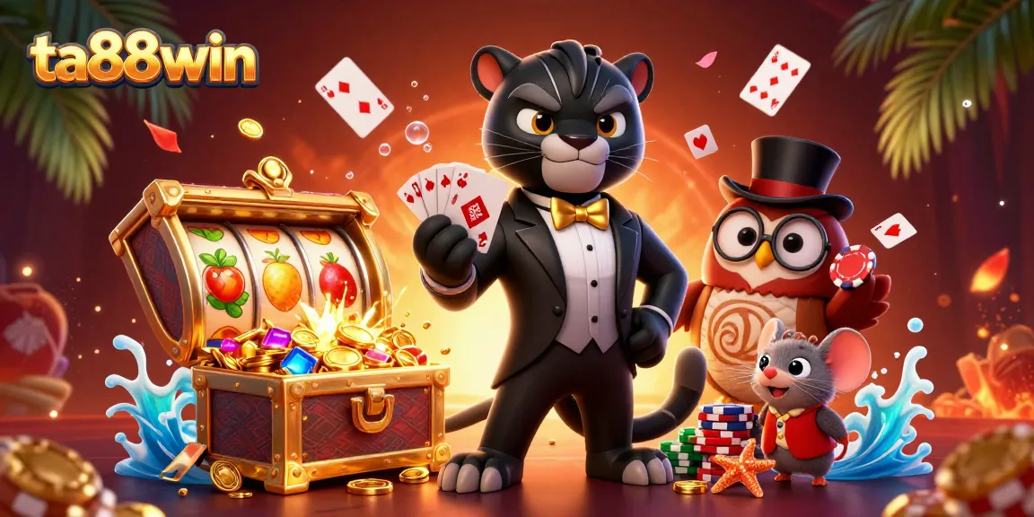 ta88win casino illustration featuring a stylish black panther dealing cards, an owl with poker chips, and a lucky mouse