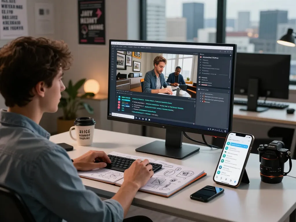 Professional workspace featuring video to prompt analysis with an analyst generating AI prompts from video footage.