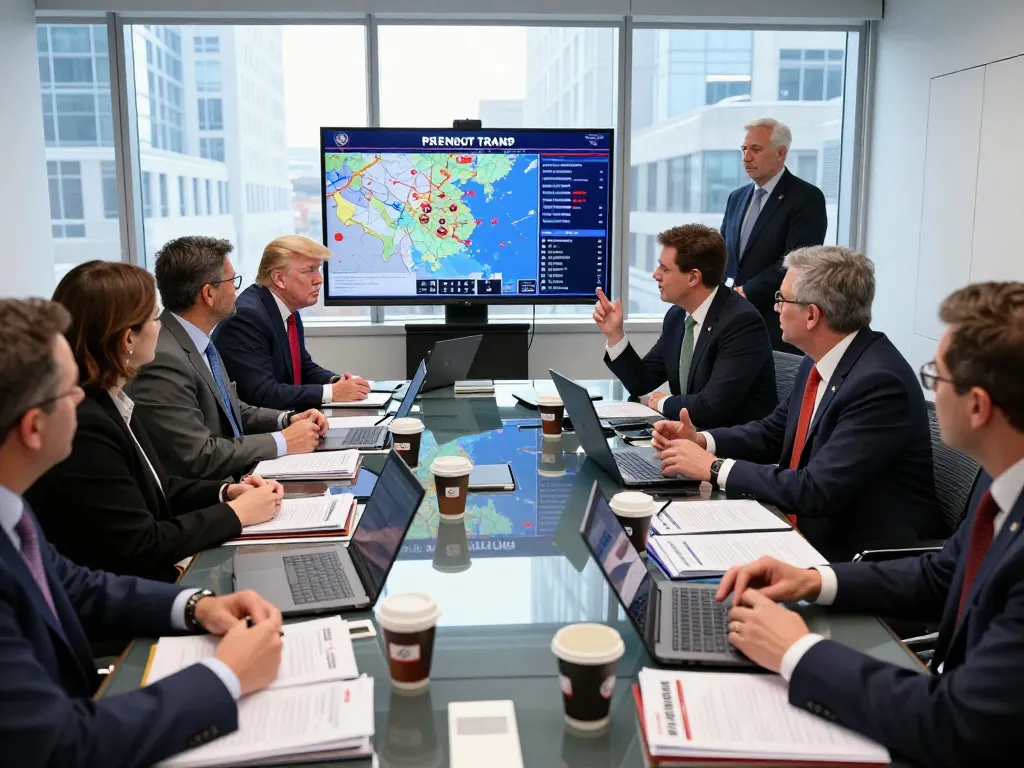 Team analyzing Trump Iran policy in a modern conference room, discussing strategies and military relations.