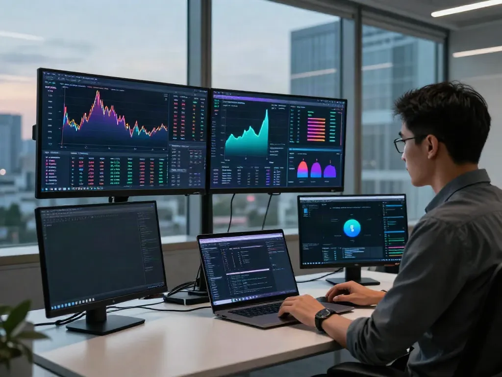 Real-time trading setup showcasing Hong Kong stock historical data API with cryptocurrency market analytics in a modern office.