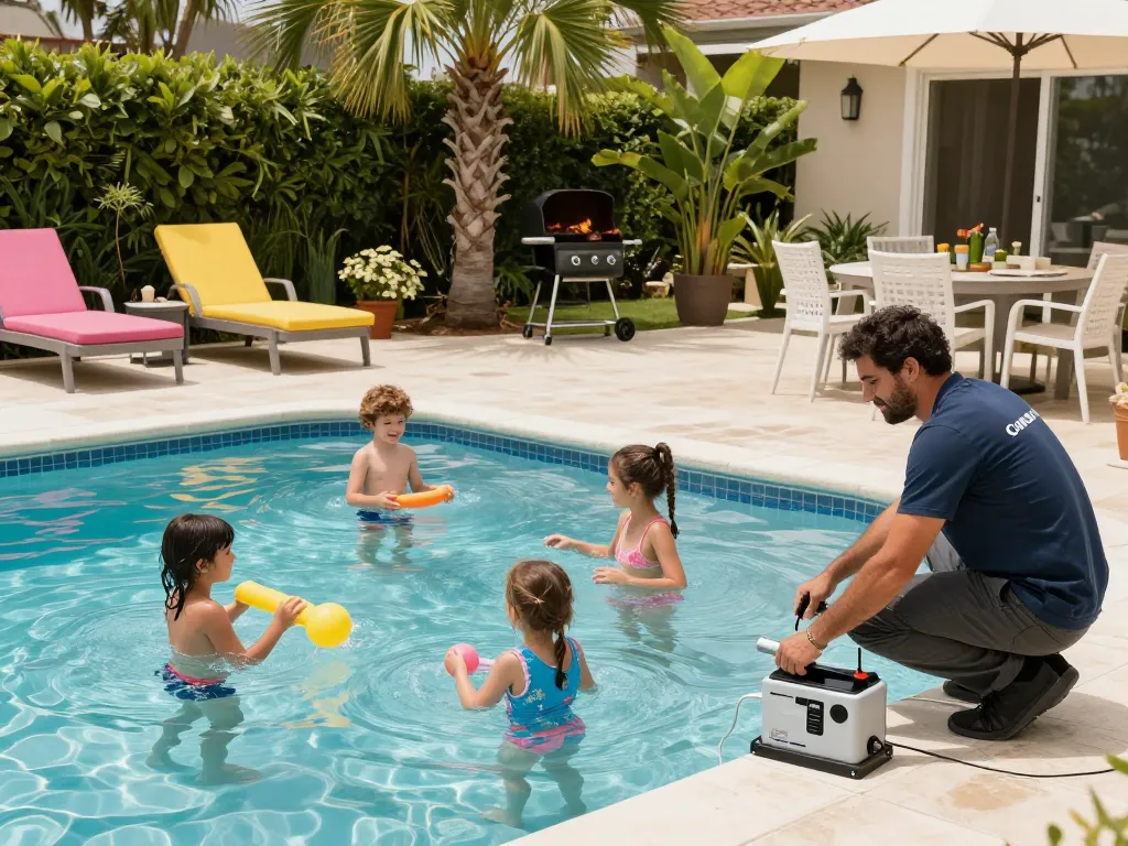 Dolphin Pool Services technician inspecting a backyard pool with family enjoying summer fun.
