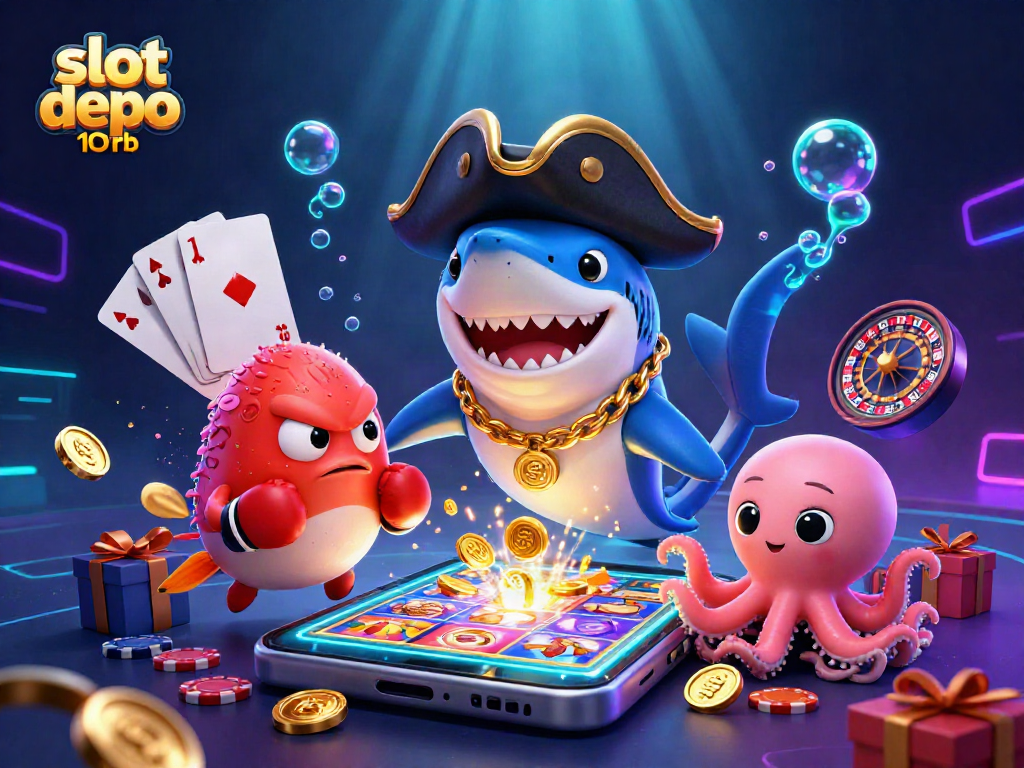 Spin to win big with slot depo 10rb, featuring vibrant cartoon characters and dynamic casino elements.
