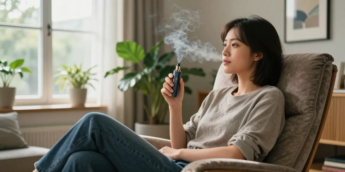 Individual enjoying a lazy-boy-delta-8-vape-review in a cozy lounge, relaxed atmosphere with vapor clouds.