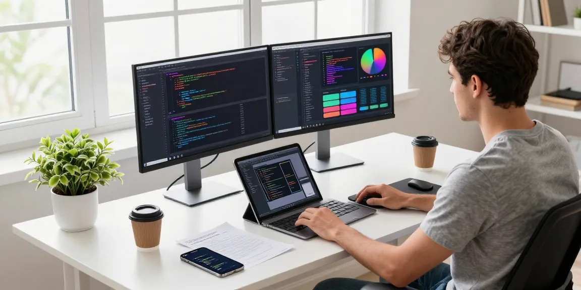 Efficient workspace showcasing Snipaste software for 截图软件下载, featuring dual monitors, coding tools, and a modern office setting.